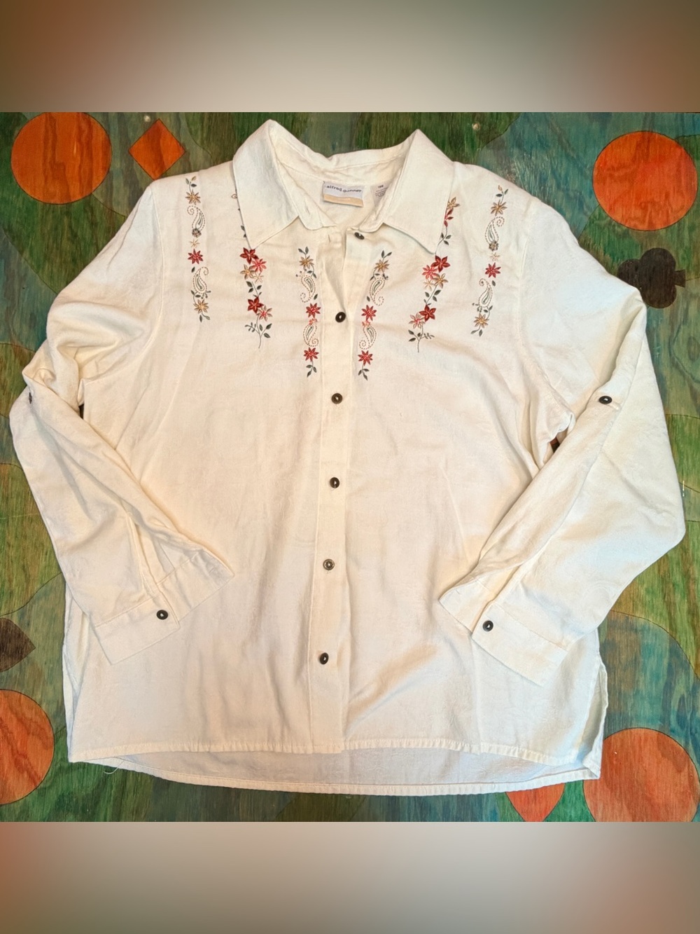 Alfred Dunner Embroidered Beaded Floral Button Up Blouse Womens Size 18W Button